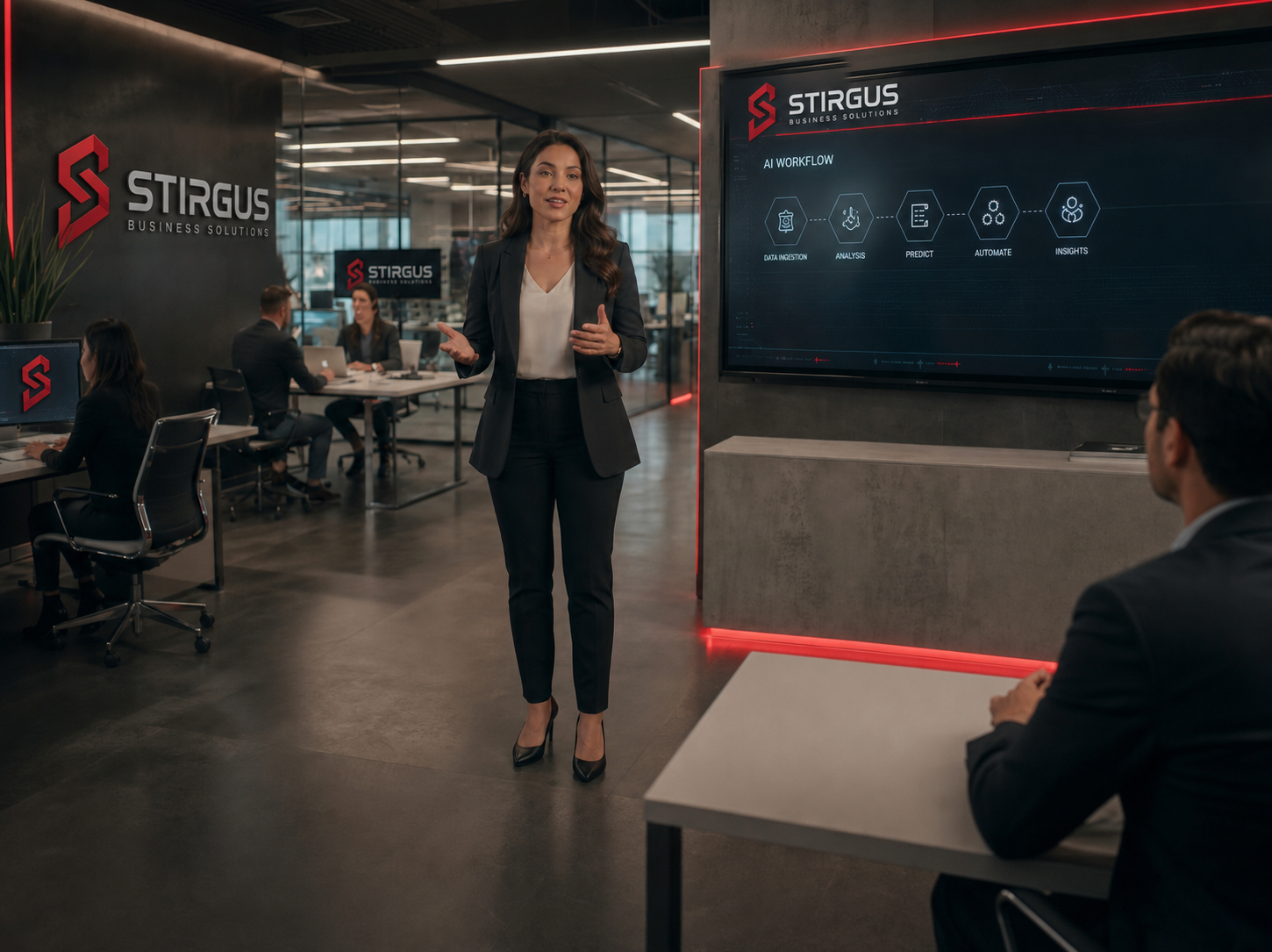Sophia Reyes, Stirgus Business Solutions' fictional AI-generated brand character